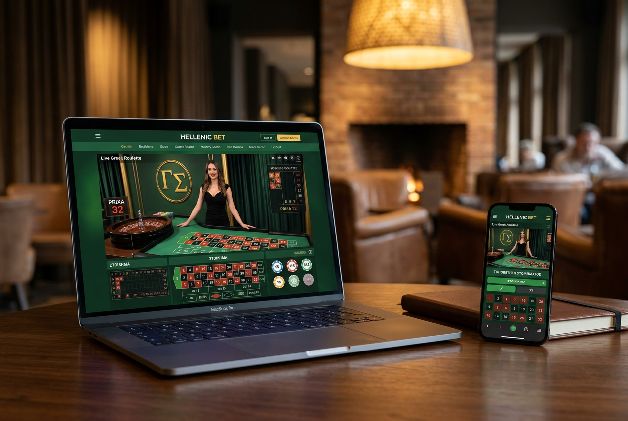 A high-end digital casino interface showing live roulette and greek flag elements.