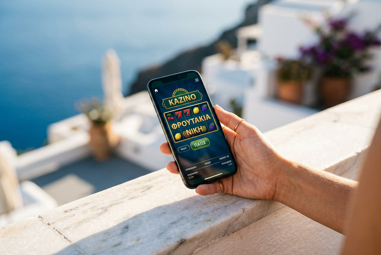 A hand holding a smartphone showing a casino app in a luxury setting.